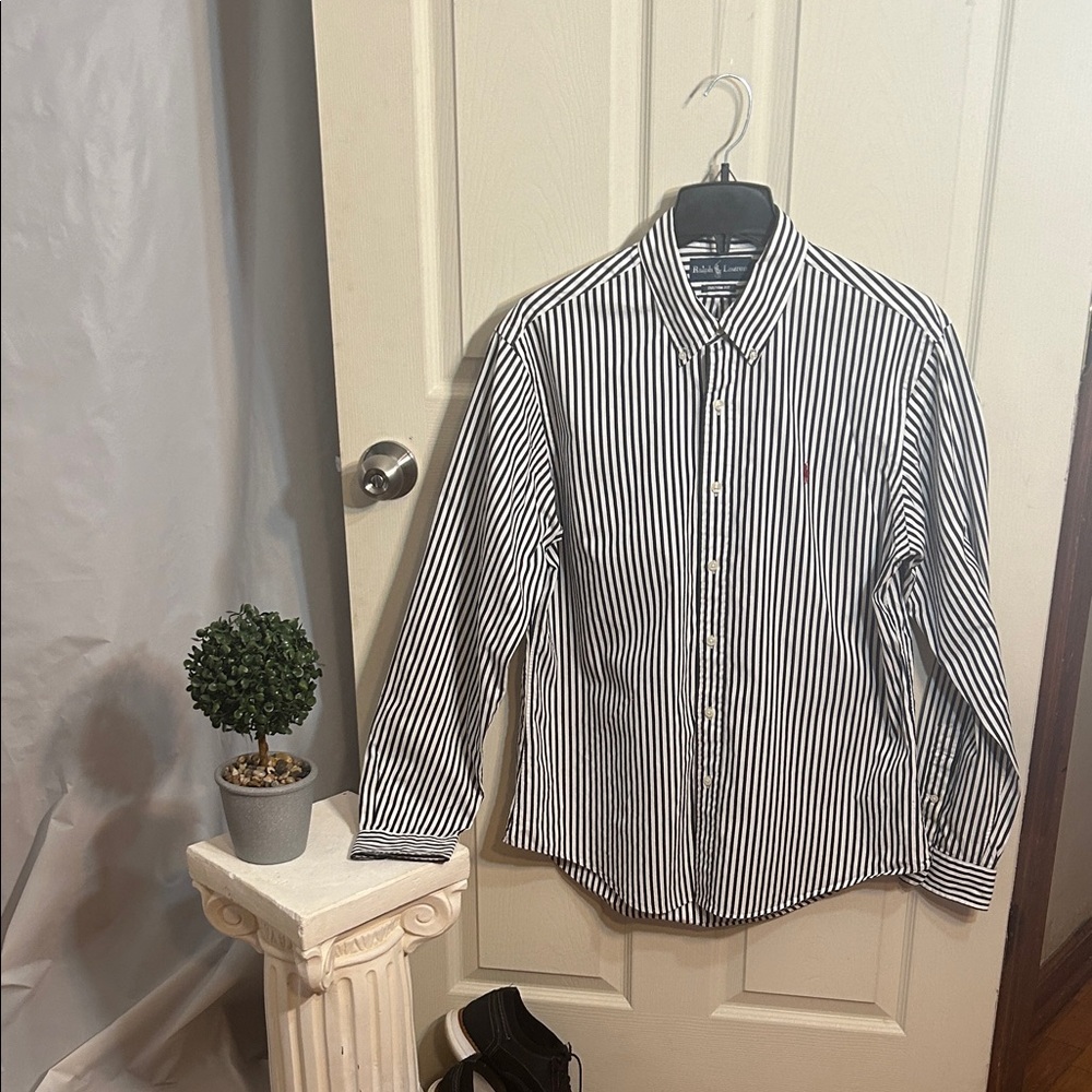 Ralph Lauren Polo - Men’s Black and White Striped Button-Up Shirt - Red Pony